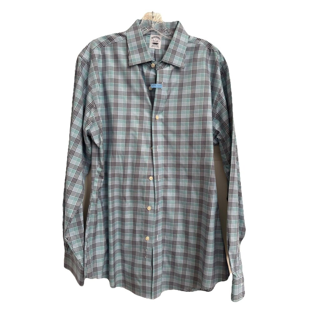 Brooks Brothers Shirt Men L Navy Plaid Regent Fit Non-Iron Supima Cotton